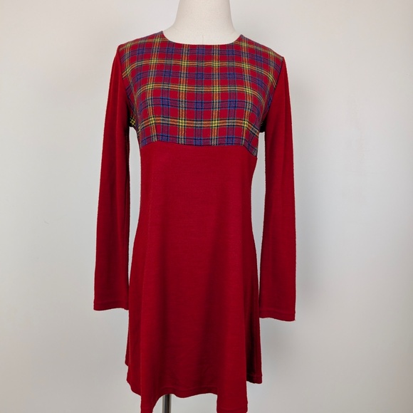Plaid Mini Dress Long Sleeve Short Long Sleeve Holiday Plaid Empire Waist Fit - Picture 5 of 11